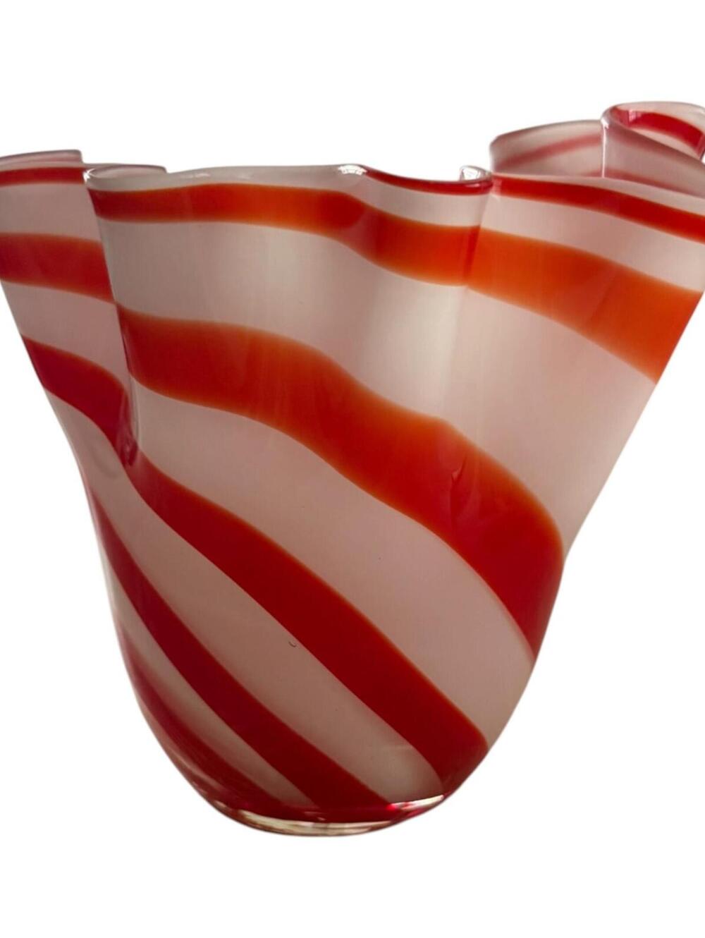 Red & White Murano Glass Swirl Vase. 7" H x 7.5" Diameter